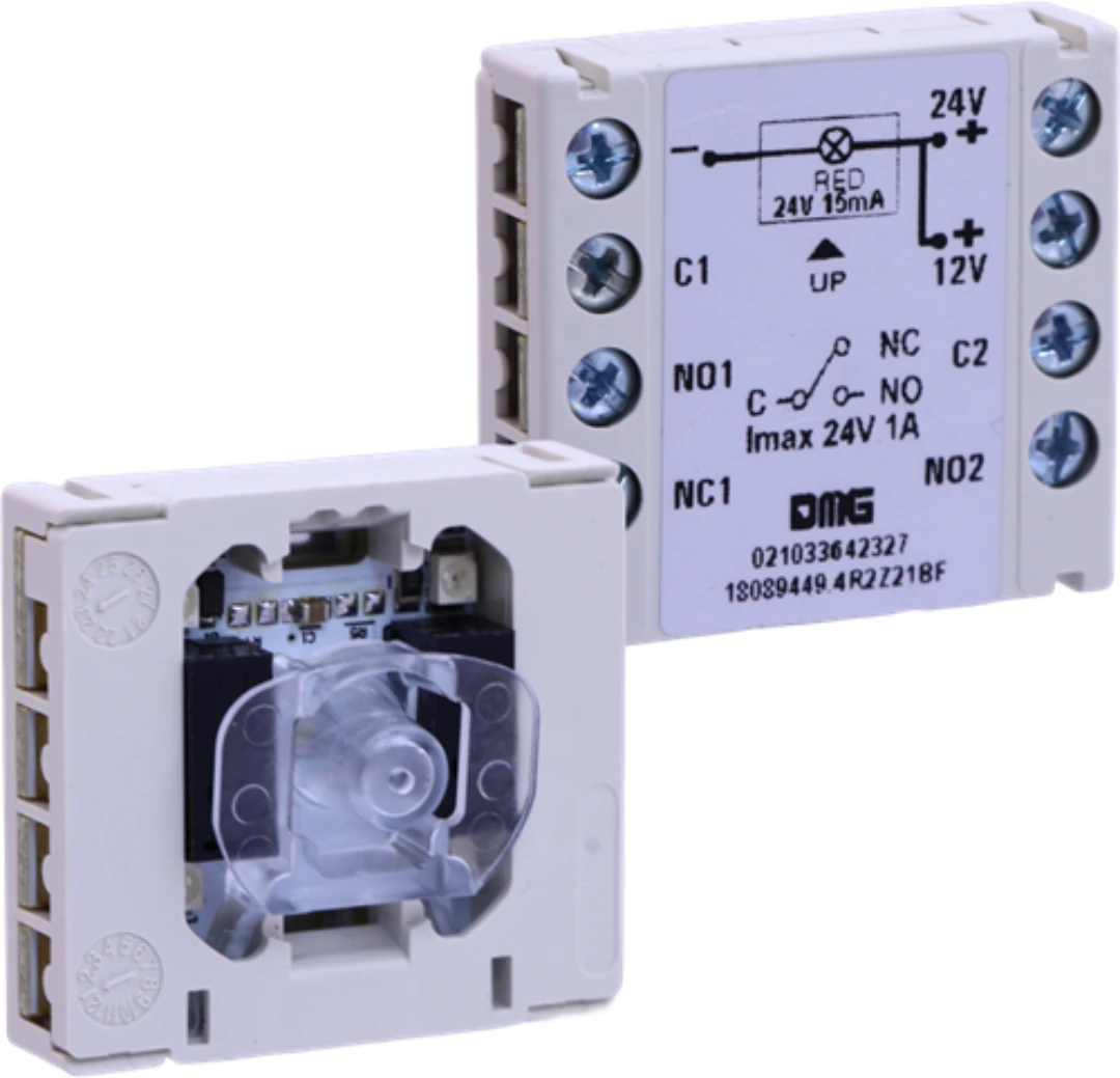 Contact block w. cone, DMG, BF, 12/24VDC, 1 CO+1NO contact, red LED
