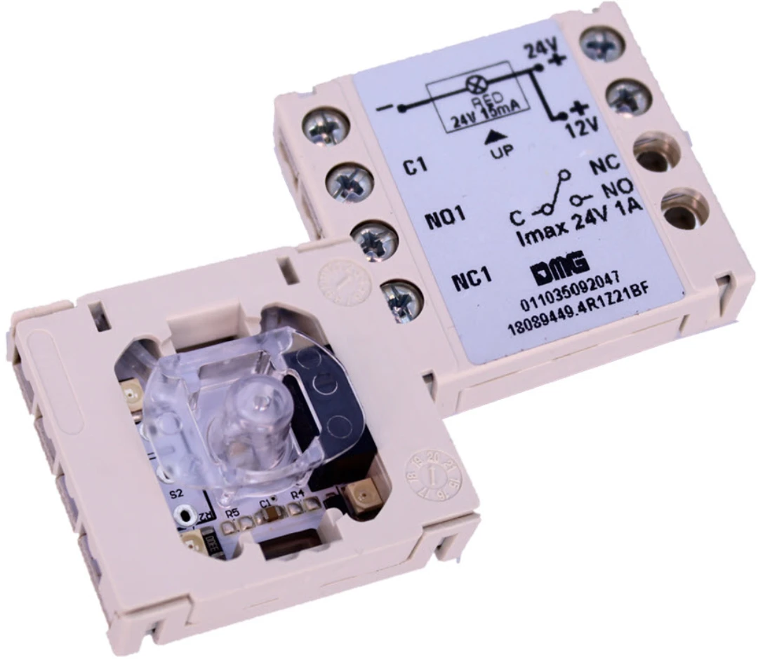 Contact block w. cone, DMG, BF, 12/24VDC, 1 CO, red ackn. LED