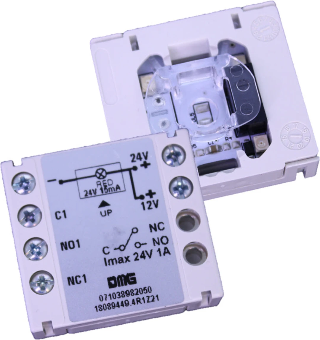 Contact block, DMG, BL/BM, 12/24VDC, 1 CO contact, red LED